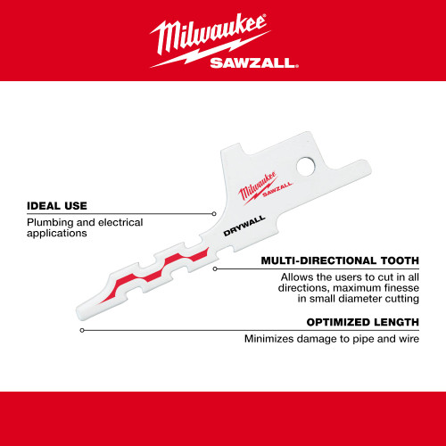 Milwaukee 48-00-1640 SAWZALL 2-1/2 inch Drywall Access Blade showing features of the sawzall blade