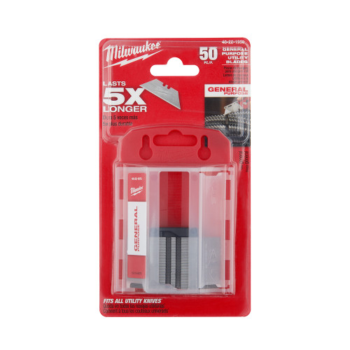 Milwaukee 48-22-1950 General Purpose Utility Knife Blades with Dispenser - 50pk showing blades in packaging