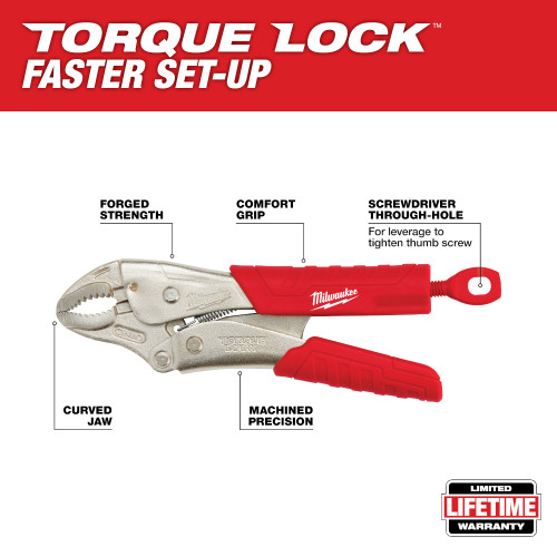 Milwaukee 48-22-3407 7 inch TORQUE LOCK Curved Jaw Locking Pliers with Grip showing features of the pliers