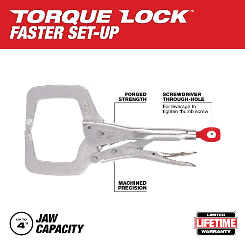 Milwaukee 48-22-3531 11 inch TORQUE LOCK Locking C-Clamp with Regular Jaws showing features of the pliers