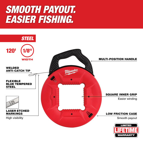 Milwaukee 48-22-4176 120 feet 1/8 inch Steel Fish Tape showing features of the  fish tape