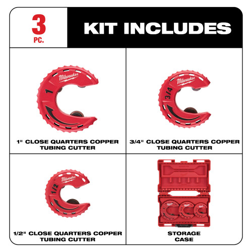 Milwaukee 48-22-4263 3pc Close Quarters Tubing Cutter Set showing inclusions of the set