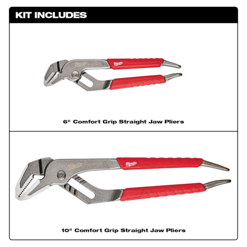 Milwaukee 48-22-6330 2pc 6 inch  and 10 inch Comfort Grip Straight-Jaw Pliers Set showing inclusions of the set