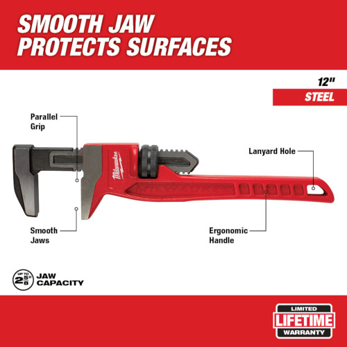 Milwaukee 48-22-7186 12 inch Smooth Jaw Adjustable Wrench showing features of the adjustable wrench