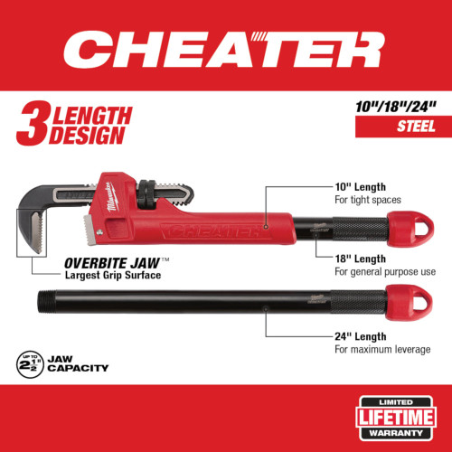 Milwaukee 48-22-7314 CHEATER Steel Adaptable Pipe Wrench showing info on jaw and multiple grip length