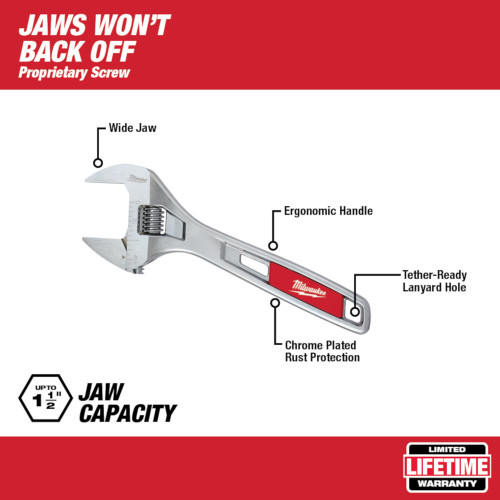 Milwaukee 48-22-7508 8 inch Wide Jaw Adjustable Wrench showing with features of the wrench
