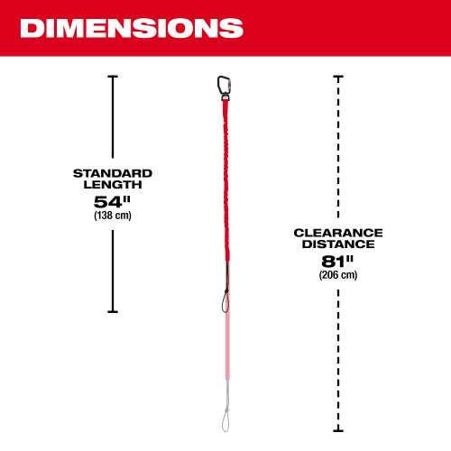 Milwaukee 48-22-8811 10lbs 54 inch Extended Reach Locking Tool Lanyard showing measurement ranges