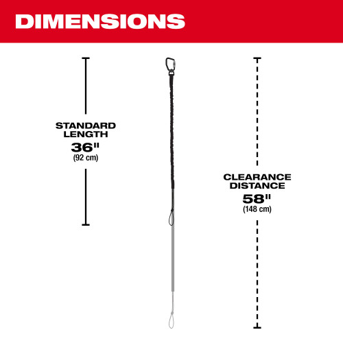 Milwaukee 48-22-8815 15lbs 36 inch Locking Tool Lanyard showing measurement ranges