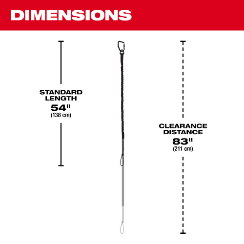 Milwaukee 48-22-8816 15lbs 54 inch Extended Reach Locking Tool Lanyard showing measurement ranges