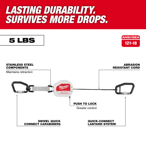 Milwaukee 48-22-8825 5 lbs 50 inch Retractable Tool Lanyard showing features of the lanyard