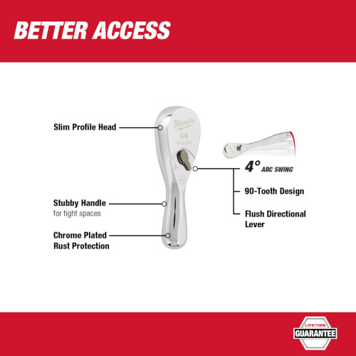 Milwaukee 48-22-9003 1/4-inch Drive 3-inch Stubby Ratchet showing features of the ratchet