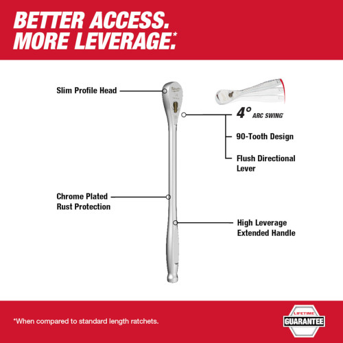 Milwaukee 48-22-9005 1/4-inch Drive 9-inch Extended Ratchet showing features of the ratchet