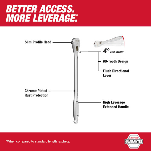Milwaukee 48-22-9037 3/8-inch Drive 12-inch Extended Ratchet showing features of the ratchet