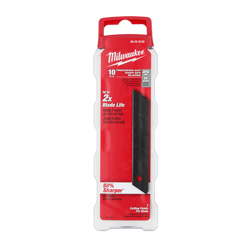 Milwaukee 48-22-9125 L Series 25mm Precision Snap Blades - 10pk showing blades in storage packaging