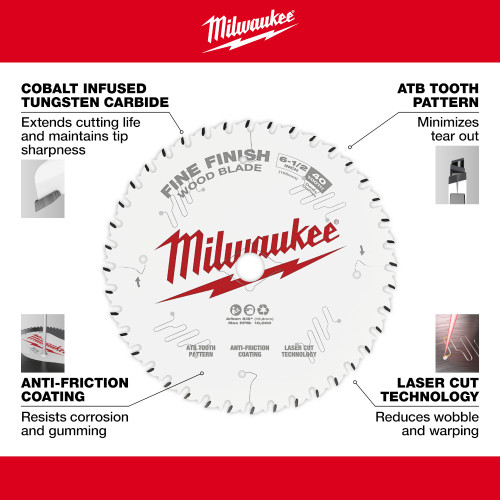 Milwaukee 48-40-0622 6-1/2-inch x 40T Fine Finish Wood Cutting Circular Saw Blade showing features of the saw blade