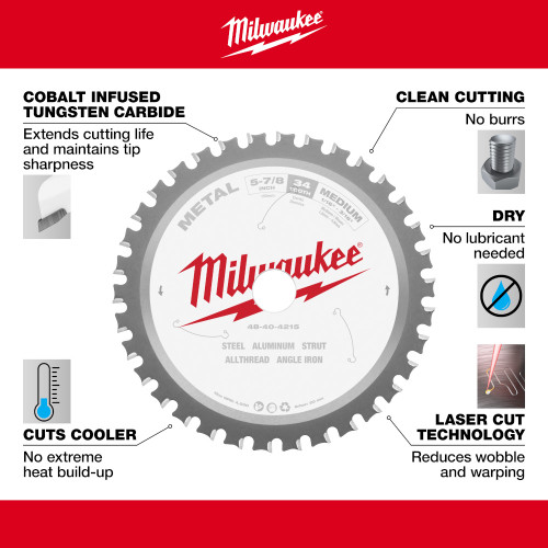 Milwaukee 48-40-4215 5-7/8-inch x 34T Metal Cutting Circular Saw Blade showing features of the saw blade