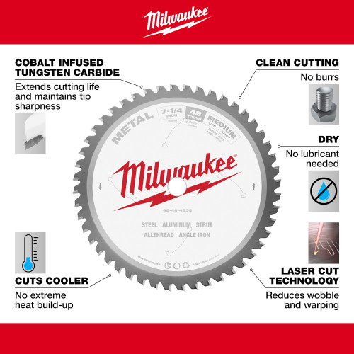 Milwaukee 48-40-4235 7-1/4-inch x 48T Metal Cutting Circular Saw Blade showing features of the saw blade