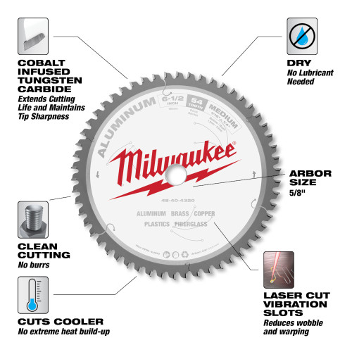 Milwaukee 48-40-4320 6-1/2-inch x 54T Non-Ferrous Metal  and Aluminum Cutting Circular Saw Blade showing features of the saw blade