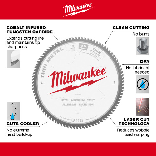 Milwaukee 48-40-4510 14-inch x 90T Thin Metal Cutting Circular Saw Blade showing features of the saw blade