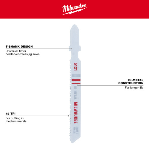 Milwaukee 48-42-5121 3-inch x 18 TPI Bi-Metal Jig Saw Blades - 5pk showing features of the blade
