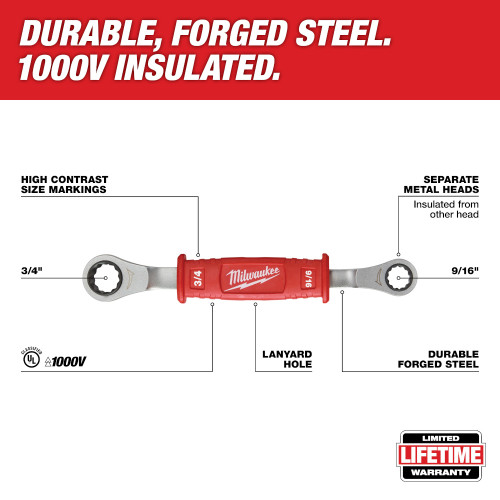 Milwaukee 48-22-9211 Lineman foots 2-In-1 Insulated Ratcheting Box Wrench showing features of the wrench