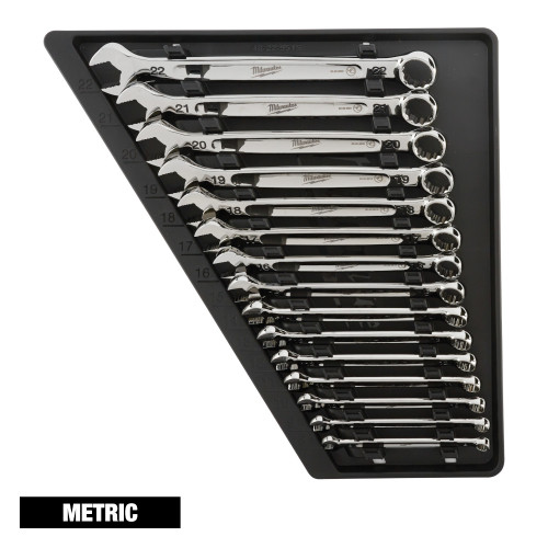 Milwaukee 48-22-9515 15pc Metric Combination Wrench Set showing wrenches in storage carrier