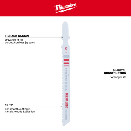 Milwaukee 48-42-5310 4-inch x 10 TPI Bi-Metal Multi-Material Cutting Jig Saw Blades - 5pk showing features of the blade