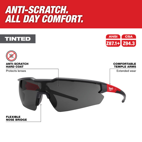 Milwaukee 48-73-2015 Anti-Scratch Tinted Safety Glasses showing features of the glasses