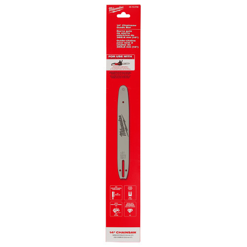 Milwaukee 49-16-2756 14-inch Guide Bar for M18 FUEL Chainsaw showing chain guide in packaging