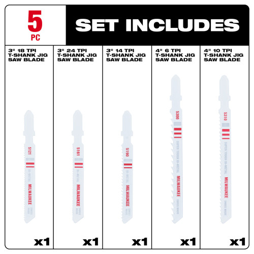 Milwaukee 49-22-1178 5pc T-Shank Bi-Metal Jig Saw Blade Set showing pieces that are included in set