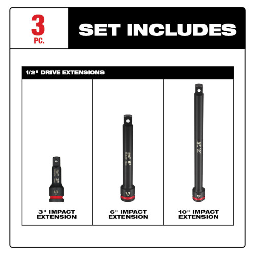 Milwaukee 49-66-6715 3pc SHOCKWAVE Impact Duty 1/2-inch Drive Extension Set showing inclusions of the set