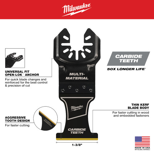 Milwaukee 49-10-9005 OPEN-LOK 3pc Universal Fit Titanium Enhanced Multi-Material Cutting Multi-Tool Oscillating Blade Set showing features of the blades