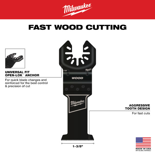 Milwaukee 49-25-1101 OPEN-LOK 1-3/8-inch Universal Fit High Carbon Steel Wood Cutting Multi-Tool Oscillating Blades - 3pk showing features of the blades