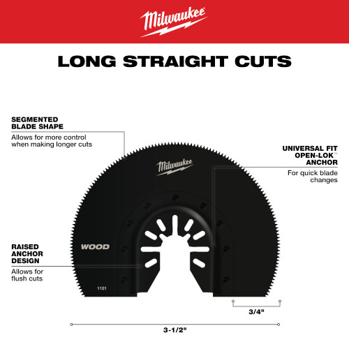 Milwaukee 49-25-1121 OPEN-LOK 3-1/2-inch Universal Fit High Carbon Steel Segmented Wood Cutting Multi-Tool Oscillating Blade showing features of the blades