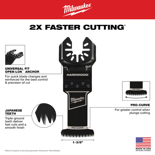 Milwaukee 49-25-1131 OPEN-LOK 1-3/8-inch Universal Fit HCS Japanese Teeth Hardwood Cutting Multi-Tool Oscillating Blade showing features of the blades