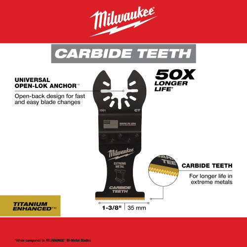 Milwaukee 49-25-1501 OPEN-LOK 1-3/8-inch Universal Fit Titanium Enhanced Carbide Teeth Metal Cutting Multi-Tool Oscillating Blade showing features of the blades