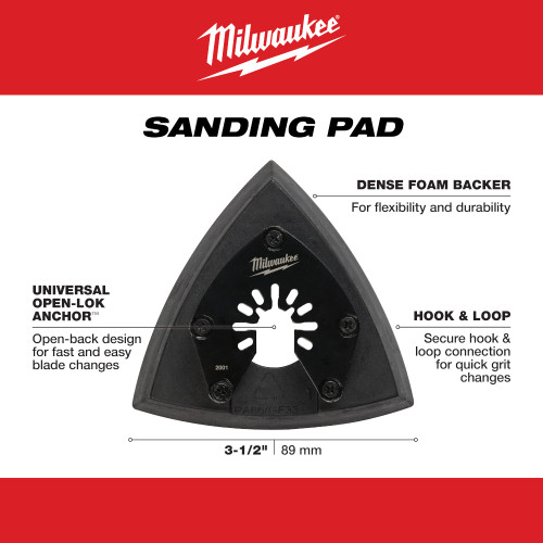 Milwaukee 49-25-2001 OPEN-LOK 3-1/2-inch Triangle Universal Fit Multi-Tool Oscillating Sanding Pad showing features of the sanding pad