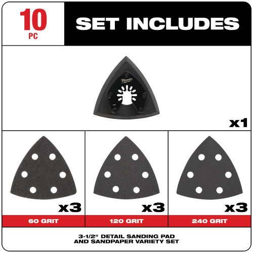 Milwaukee 49-25-2009 OPEN-LOK 10pc 3-1/2-inch Triangle Universal Fit Multi-Tool Oscillating Sanding Pad  and Paper Set showing inclusions of the set