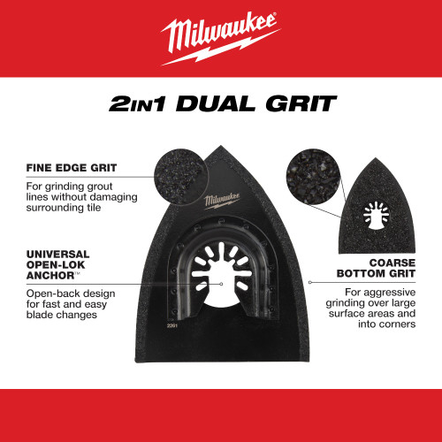 Milwaukee 49-25-2261 OPEN-LOK Universal Fit Multi-Tool Oscillating 2-In-1 Hybrid Carbide Grit Blade showing features of the blade