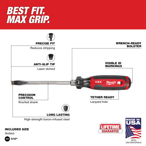 Milwaukee MT207 Cushion Grip 6-inch x 5/16-inch Slotted Screwdriver showing features of the screwdriver