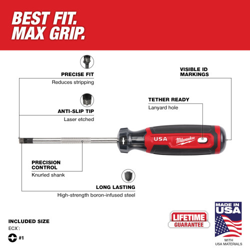 Milwaukee MT215 Cushion Grip 4-inch x #1 ECX Screwdriver showing features of the screwdriver