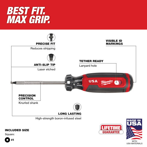 Milwaukee MT217 Cushion Grip 3-inch x #1 Square Screwdriver showing features of the screwdriver