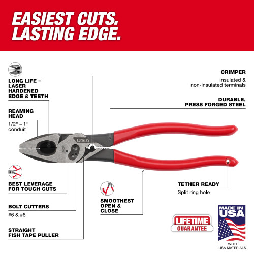 Milwaukee MT500C 9 inch Lineman foots Dipped Grip Pliers with Crimper  and Bolt Cutter