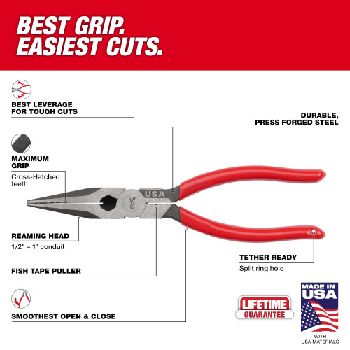 Milwaukee MT505 8 inch Long Nose Dipped Grip Pliers