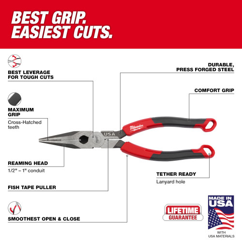 Milwaukee MT555 8 inch Long Nose Comfort Grip Pliers
