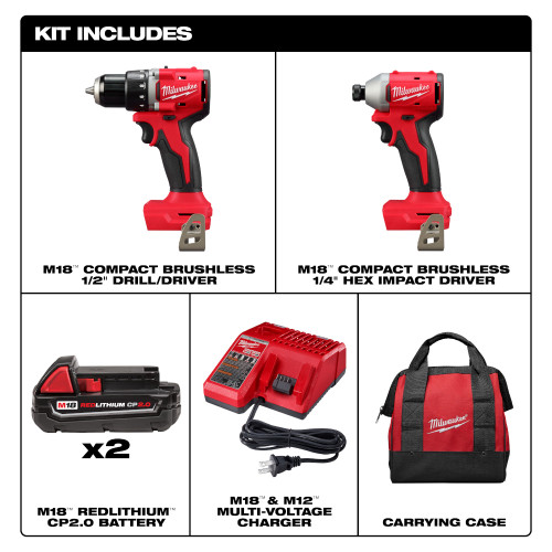 Milwaukee 3692-22CT M18 2-Tool Compact Cordless Brushless 1/2 inch Drill Driver and 1/4 inch Hex Impact Driver Combo Kit Milwaukee 3692-22CT M18 2-Tool Compact Cordless Brushless 1/2 inch Drill Driver and 1/4 inch Hex Impact Driver Combo Kit