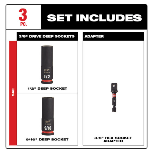 Milwaukee 49-66-4417 SHOCKWAVE Impact Duty 3pc 3/8 inch SAE Deep Well 6 Point Socket Set