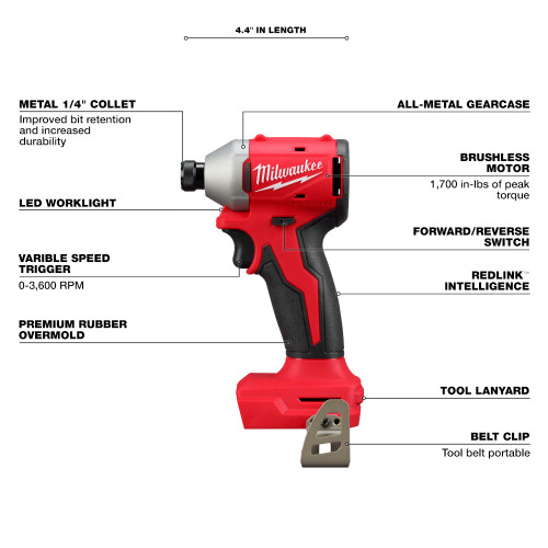 Milwaukee 3650-20 M18 Cordless Brushless Compact 1/4 Inch Hex Impact Driver (Tool Only)