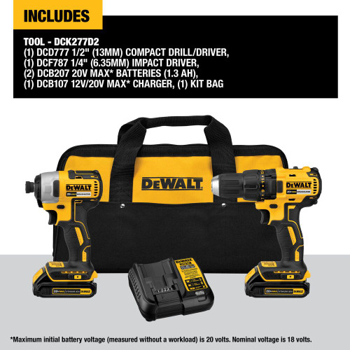 DeWalt DCK277D2 20V MAX 2-Tool Cordless Compact Brushless 1/2 inch Drill/Driver  and 1/4 inch Impact Driver Combo Kit