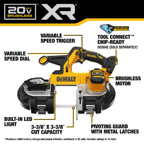 DeWalt DCS378B 20V MAX XR Cordless Brushless 3-3/8 Inch Mid-Size Bandsaw (Tool Only)